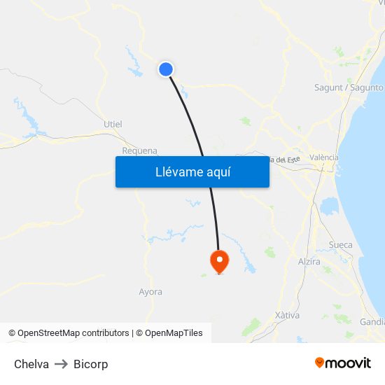 Chelva to Bicorp map
