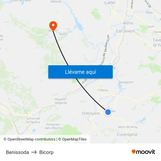 Benissoda to Bicorp map
