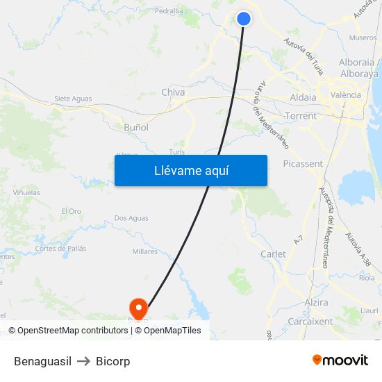 Benaguasil to Bicorp map