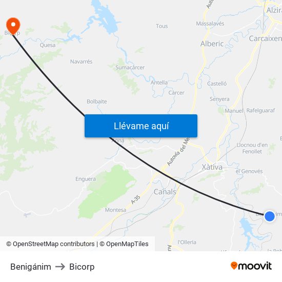 Benigánim to Bicorp map