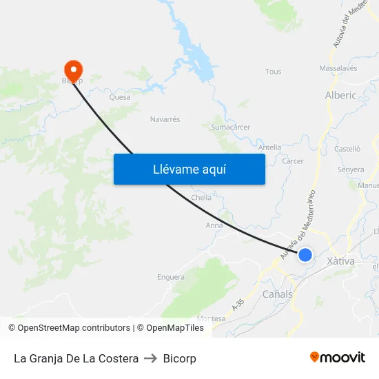 La Granja De La Costera to Bicorp map