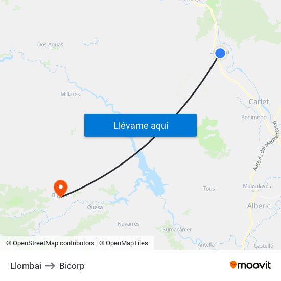 Llombai to Bicorp map