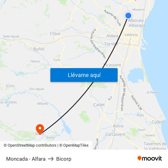 Moncada - Alfara to Bicorp map