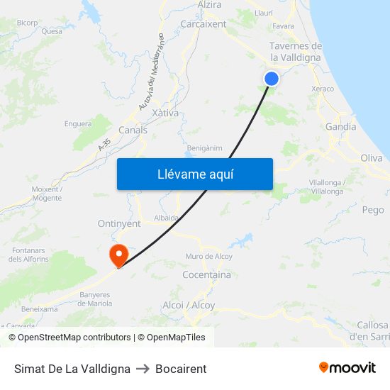 Simat De La Valldigna to Bocairent map