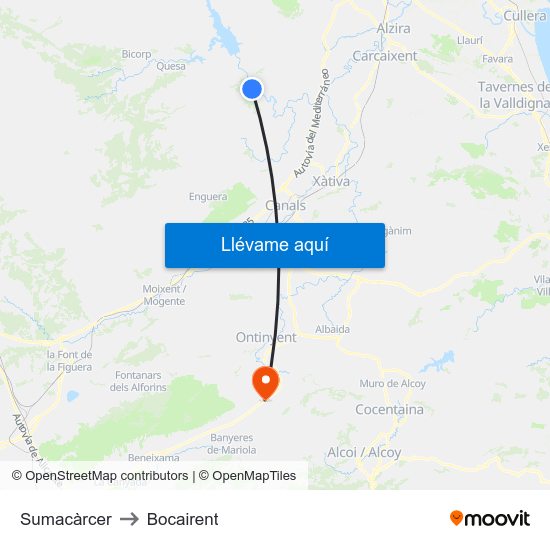 Sumacàrcer to Bocairent map