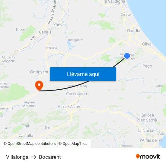 Villalonga to Bocairent map