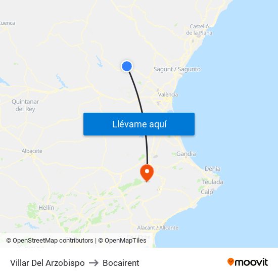 Villar Del Arzobispo to Bocairent map
