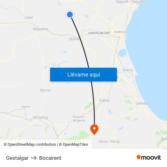 Gestalgar to Bocairent map