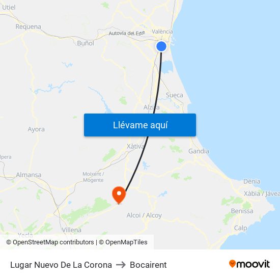 Lugar Nuevo De La Corona to Bocairent map
