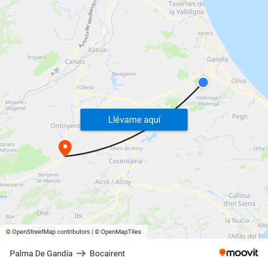Palma De Gandía to Bocairent map