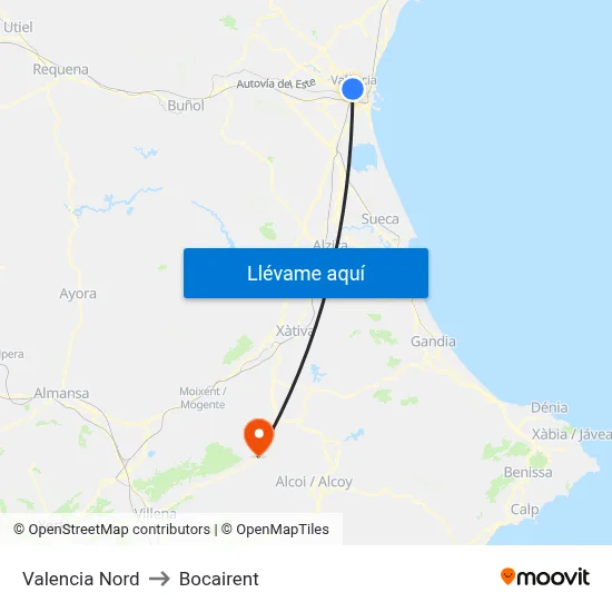 Valencia Nord to Bocairent map