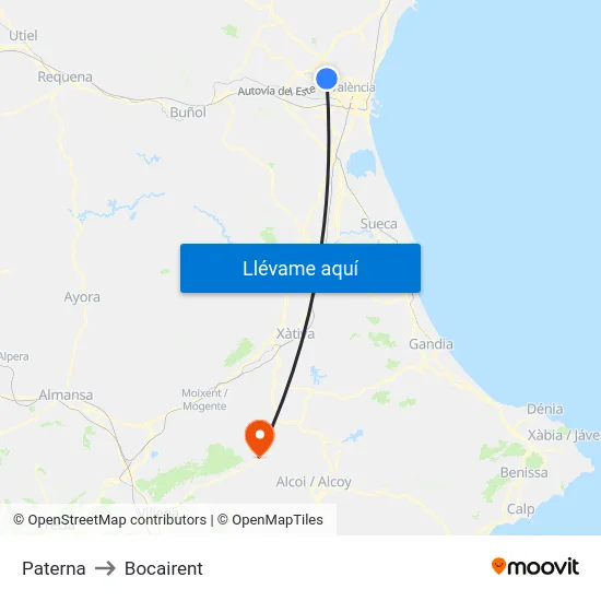 Paterna to Bocairent map