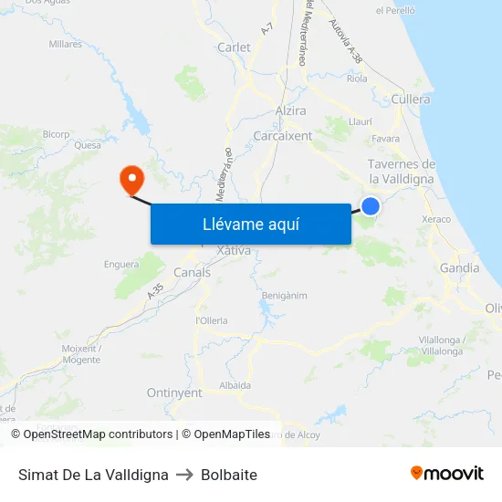 Simat De La Valldigna to Bolbaite map