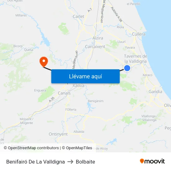Benifairó De La Valldigna to Bolbaite map