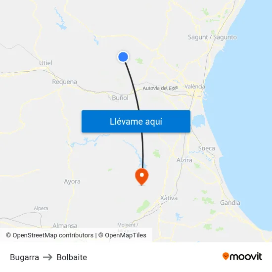 Bugarra to Bolbaite map