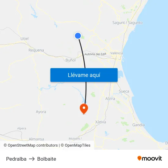 Pedralba to Bolbaite map