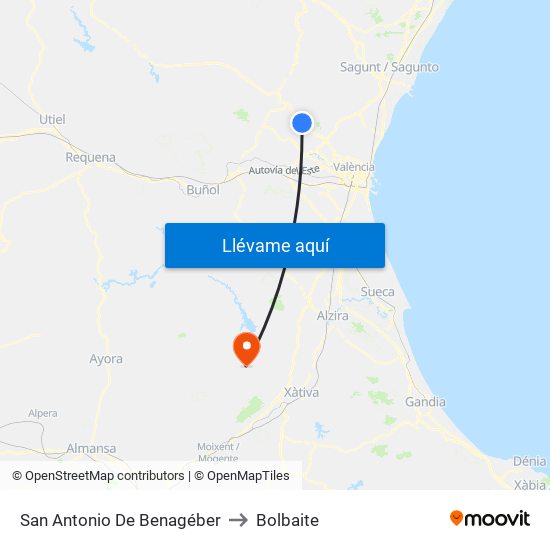 San Antonio De Benagéber to Bolbaite map