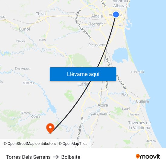 Torres Dels Serrans to Bolbaite map