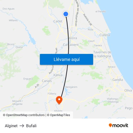 Alginet to Bufali map