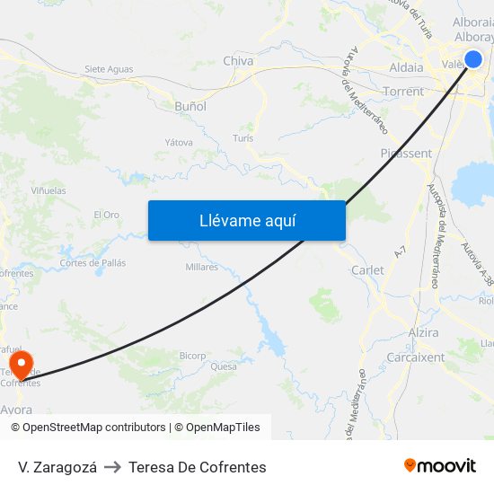 V. Zaragozá to Teresa De Cofrentes map