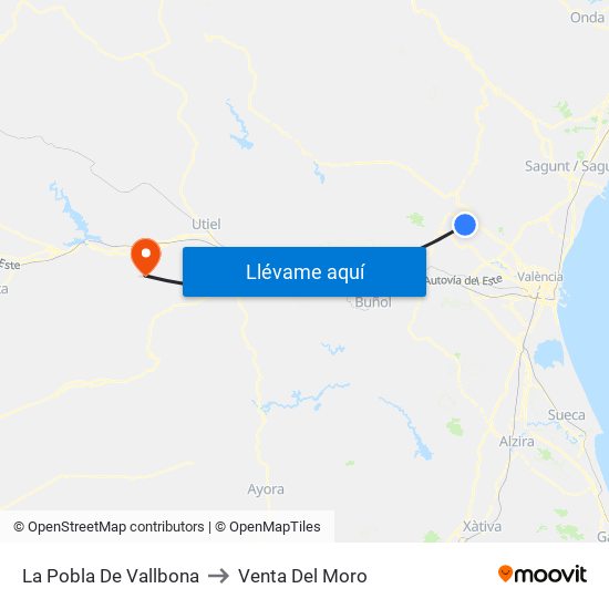 La Pobla De Vallbona to Venta Del Moro map