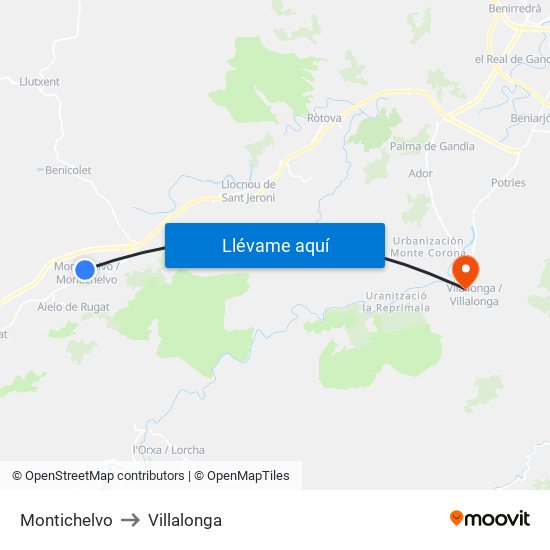 Montichelvo to Villalonga map