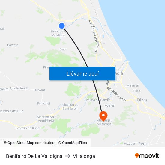 Benifairó De La Valldigna to Villalonga map