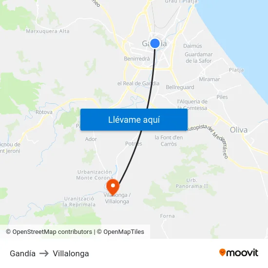 Gandía to Villalonga map