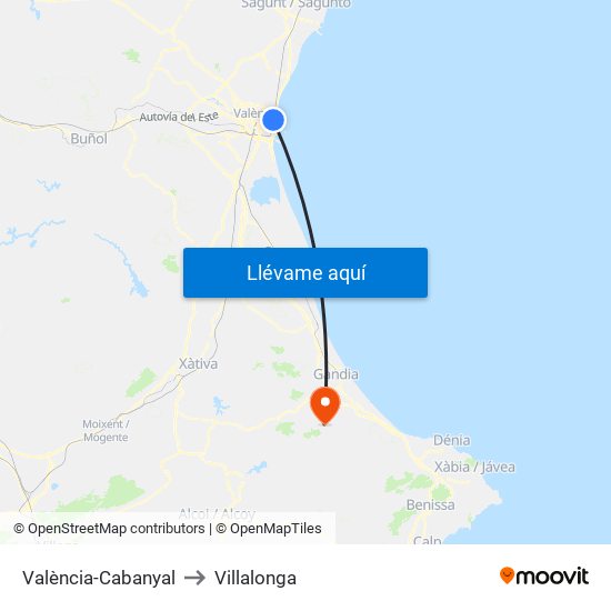 València-Cabanyal to Villalonga map