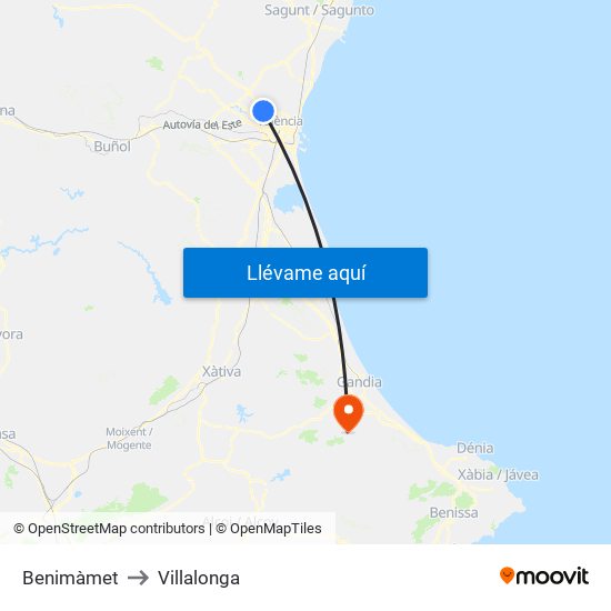Benimàmet to Villalonga map