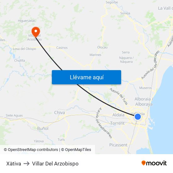 Xàtiva to Villar Del Arzobispo map