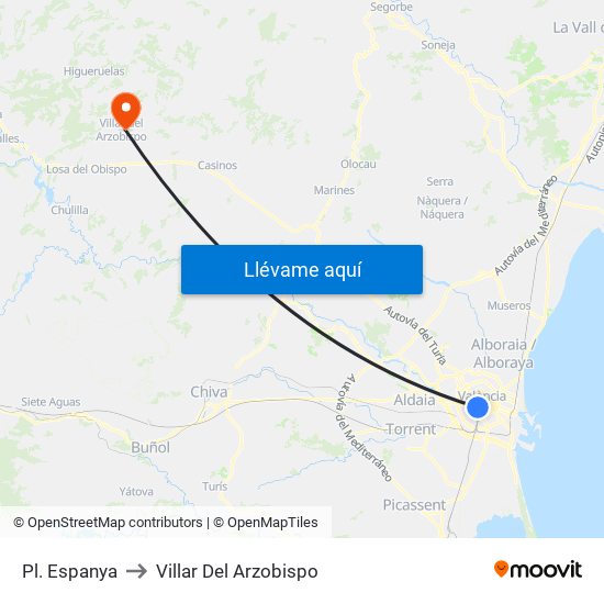 Pl. Espanya to Villar Del Arzobispo map