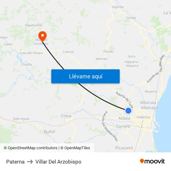 Paterna to Villar Del Arzobispo map