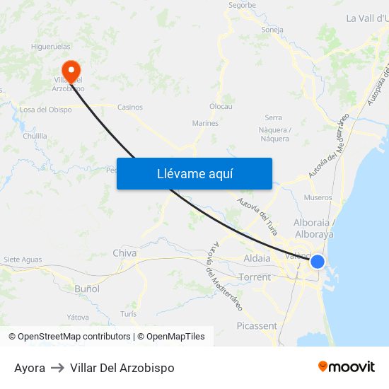 Ayora to Villar Del Arzobispo map