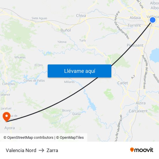 Valencia Nord to Zarra map