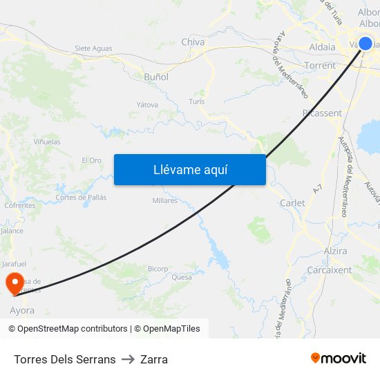 Torres Dels Serrans to Zarra map