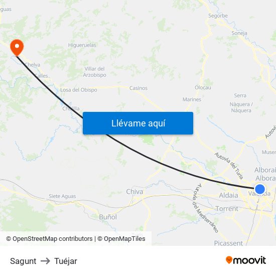Sagunt to Tuéjar map