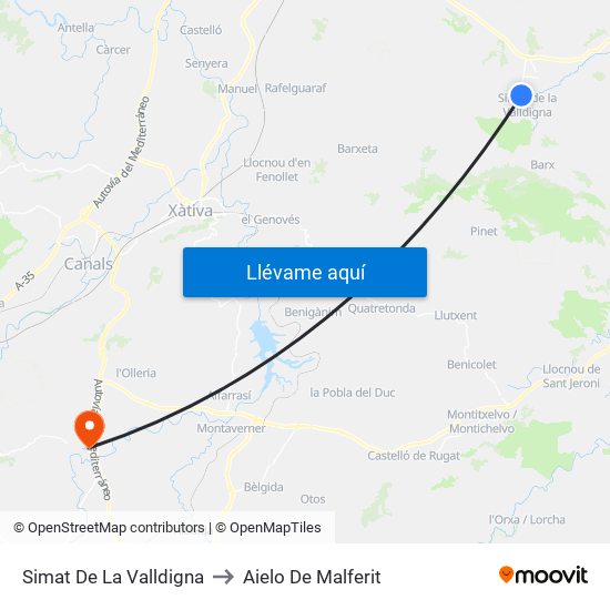 Simat De La Valldigna to Aielo De Malferit map