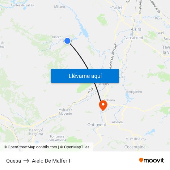 Quesa to Aielo De Malferit map