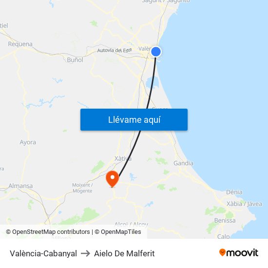 València-Cabanyal to Aielo De Malferit map