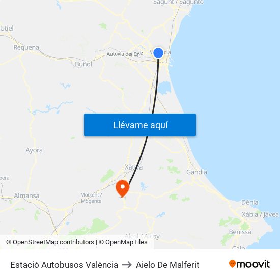 Estació Autobusos València to Aielo De Malferit map