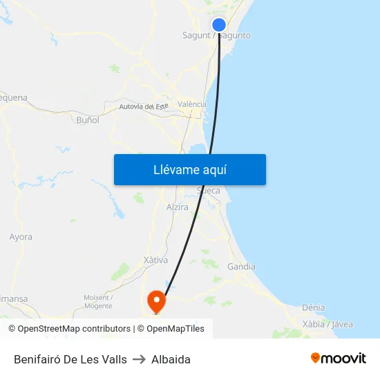 Benifairó De Les Valls to Albaida map