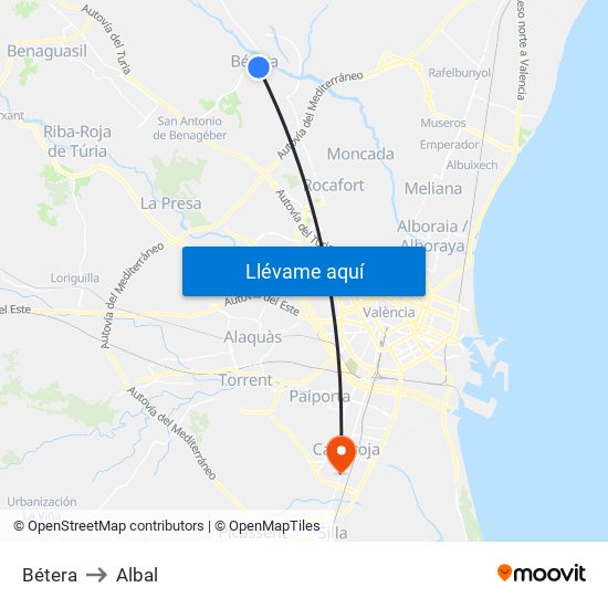 Bétera to Albal map
