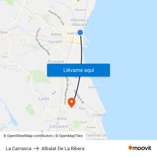 La Carrasca to Albalat De La Ribera map