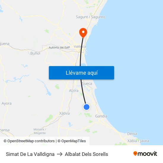 Simat De La Valldigna to Albalat Dels Sorells map