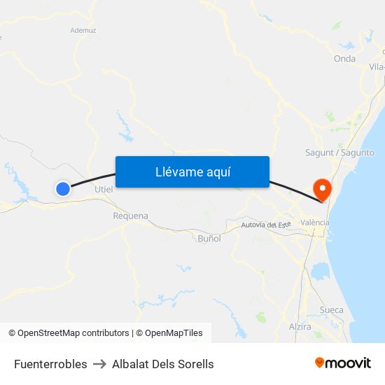 Fuenterrobles to Albalat Dels Sorells map
