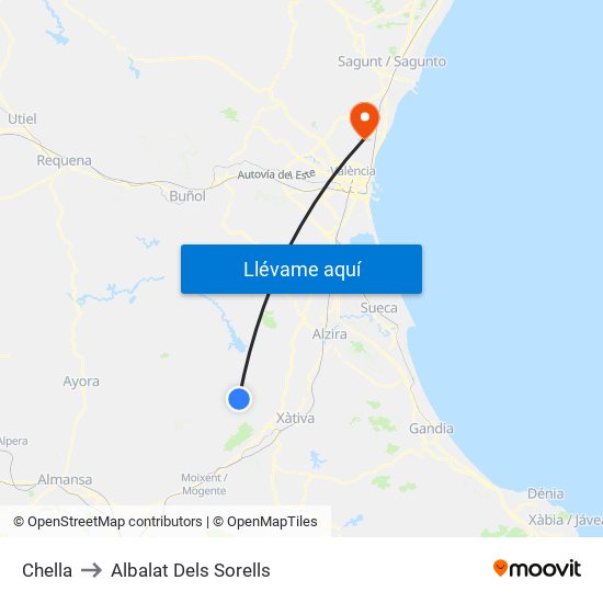 Chella to Albalat Dels Sorells map
