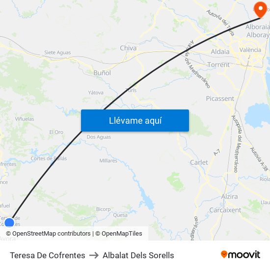 Teresa De Cofrentes to Albalat Dels Sorells map