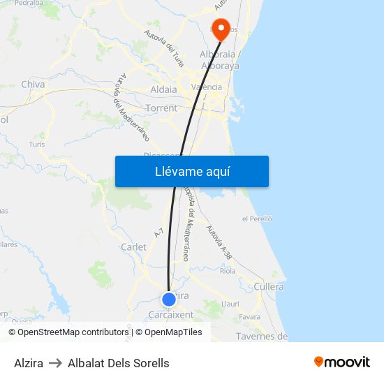 Alzira to Albalat Dels Sorells map