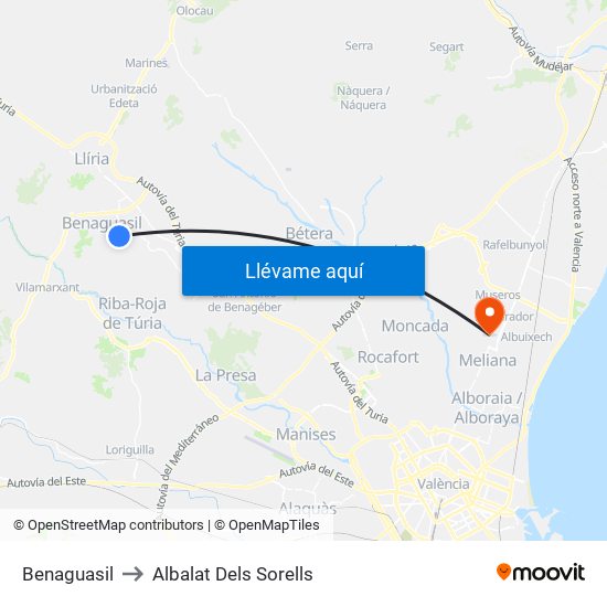 Benaguasil to Albalat Dels Sorells map
